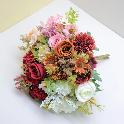 Rose Daisy Ball Chrysanthemum Wedding Simulation Bouquet Artificial Handmade Flowers Plants Silk Flower Arrangement Decoration
