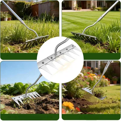 Weeding Rake with 8 Silver-colored, Coarse-toothed Metal Tines; Long, Curved Handle; Silver-colored Weeding Rake
