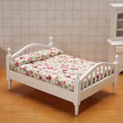 Miniature White Double Bed DIY Toy Dollhouse Wood Furniture Small Floral Bedroom Scene Mini Dollhouse Furniture Food Set