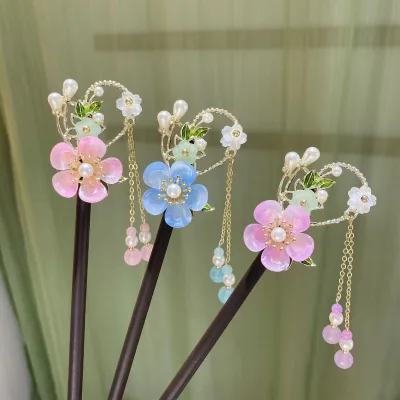 Traditional Chinese-style Hanfu Wooden Hairpin Floral Tassel Black Ebony Ornament-New Chinese Style Women's Hair Accessory