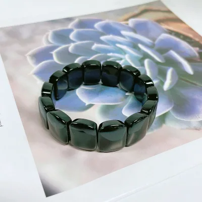 Huiying Gorgeous Chinese Black Obsidian Faceted Oval Gemstone Beaded Bracelet Stone Bangle