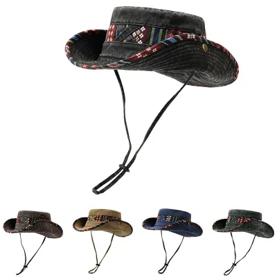 Ethnic-style Vintage Washed Mountain Hat Unisex Adults Summer Fishing Sun Protection Western Cowboy Fisherman's Cap Adjustable