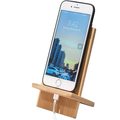 Solid Bamboo Wood Phone Stand with Charge Hole Simple Office Home Phone Holder Double Tiers for Cleaning Tools Dinnerware Type