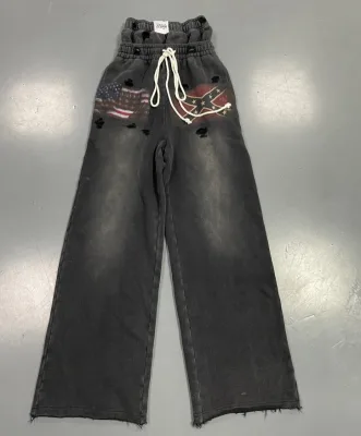 High Quality Custom Cotton Loose Baggy Flared Sweat Pant Acid Wash Double Layer Waistband Pant