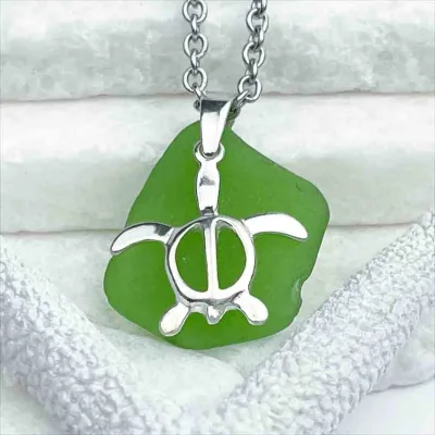Joyful Green Sea Glass Pendant with Turtle Charm