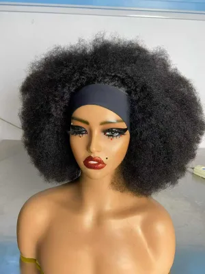 Factory Hot Sale African Explosive Curly Wig with Silk Band 100% Brazilian Virgin Hair 200 Density Real Human Hair Full Head Wig
