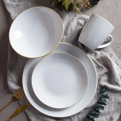 Ceramic Tableware White Glaze with Color Rim Dinnerware Sets for Home and Restaurant Use