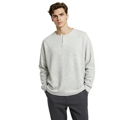 Men's American Retro Henley Collar Waffle Knitted 100% Polyester Blank Long Sleeve T-shirt Loose Casual Base Layer Shirt