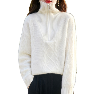 FNJIA Custom 100% Wool Women's Jumper for Spring 2025 Casual 1/4 Zipper Twist Design Pullover with Front Logo Champagne Color