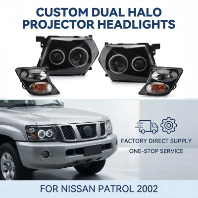 LED Angel Eye Headlight DRL Dynamic Turn Signal Projector Modified Black Head Lamps With Corner Lights for Nissan Patrol 2002