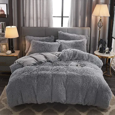 Winter Warm Durable Solid Colours Plush Velvet Duvet Cover Bedding Set With Button