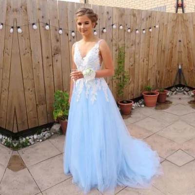 Backless Sleeveless Custom Lace Tulle Light Blue Long Bridesmaid Dresses
