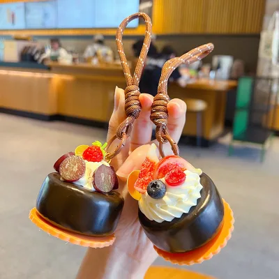 HECION Soft PU Chocolate Strawberry Cream Cake Keychain Simulation Food Dessert Bakery Bag Charm Food Model Keyring Pendant Gift