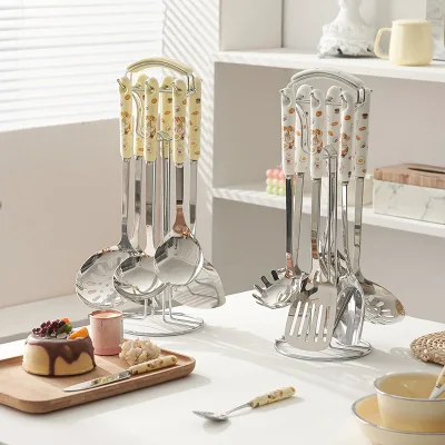 Cute Cartoon Stainless Steel kitchenware seven Pieces Set Cooking Utensils Kitchenware With Utensil Holder