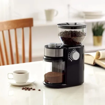Flat Burr Coffee Grinder Adjustable Coarse Fine Grinding Aluminum for Household Hotel Outdoor Use Cup Quantity Can Be Set