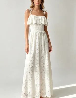 Women's Cotton French-Style Maxi Dress One-Shoulder Hollow-Out Ruffled Long Sleeve Waist-Cinching Slit White Intellectual Casual