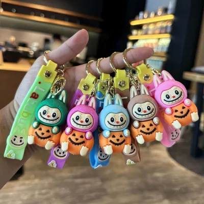 Wholesale Cute Halloween Pumpkin Labubu Keychain Pendant Cartoon PVC Style Cross-Border Gift Bag Pendant