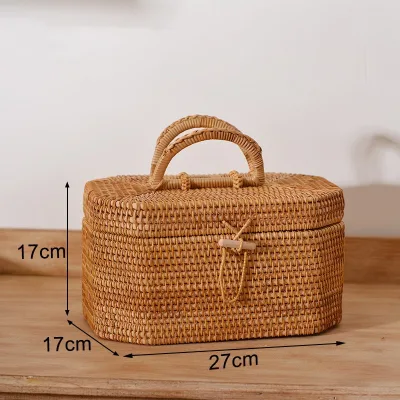 High Quality Luxury Rich Style Characteristic Handicraft Rattan Creative Handle square Porcelain Tea Cake Rattan Box