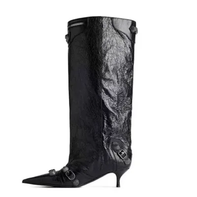 Women's Metal Studs Mid Calf Booties Pointy Toe Low Heels Short Boots Dress Stiletto Slip on Top Wide Shoes