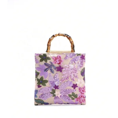 Fashion Linen Beading Sequined Handbag Floral Embroidered Bamboo Handle Tote Bag for Women Ladies