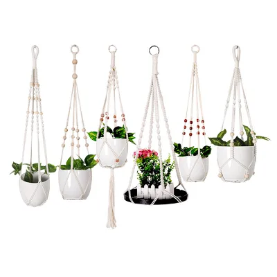 Dropshipping Macrame Hangers Wooden Beads Decorative Hanging Planters Holder for Indoor Plants Hanging Basket Set for Garden