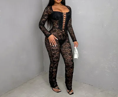 ZHEZHE Eyelet Bandage Sexy Party Lace Jumpsuits for Women Black Long Sleeve Rompers Women