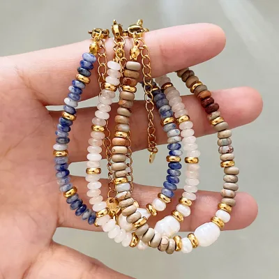 Boho Autumn Natural Stone Beaded Bracelet Non Fading Stainless Steel Bracelet Freshwater Pearl Handmade Jewelry for Women
