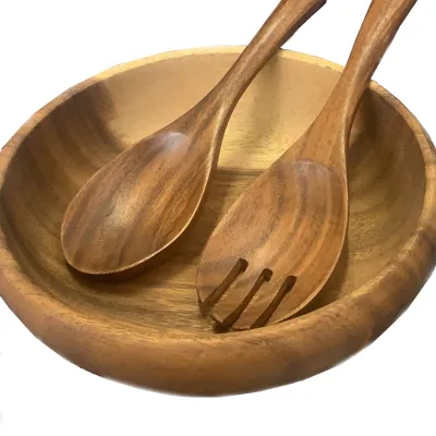 Wholesale Kitchen Round Large Salad Dough Serving Acacia Wooden Bowl with Spoon & Bowl with Polished Finished