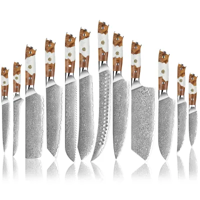 White Horse Professional Kitchen Chef Knife Set with Damascus Steel Blade Raindrop Print Steak Knife Cutting Pakka Wood Handle