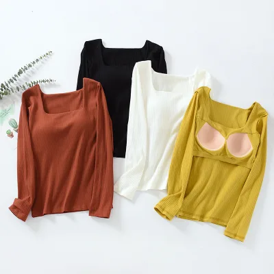 Womens Casual Padded Long-Sleeve T-Shirt Outerwear-Ready Wireless Bra-Free Design One-Piece Cup Square Neckline Breathable