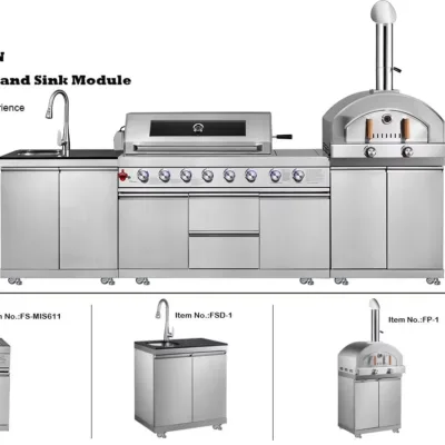 Meiao-C1 304 Stainless Steel Outdoor Kitchen Cabinet Modular BBQ Island With Pizza Oven Sink Gas Grill for Garden Patio