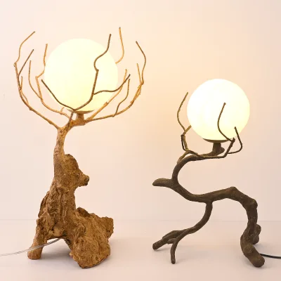 Resin Tree Root Table Lamp Natural Branch Globe Light Handmade Wabi Sabi Desk Lamp for Bedroom Hotel Homestay Decor