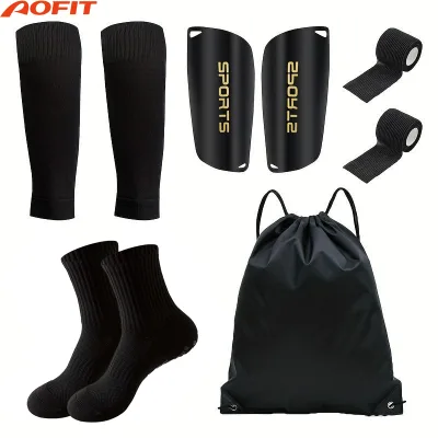 Aofit 5 Pcs Set Football Training Gear Anti-Slip Grip Socks Bandage Tape Drawstring Backpack Shin Guard Set