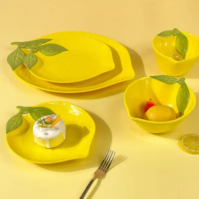 Cute Cartoon Lemon Melamine Tableware Set Cake Plate Lemon Shape Melamine Plate Lovely Yellow Snack Dessert Salad Plate Bowl Set