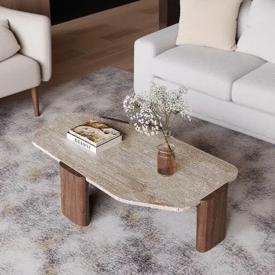 Wabi-Sabi Irregular Sintered Stone Top Solid Wood Coffee Table Small Apartment Vintage Style Homestays Creative Coffee Table