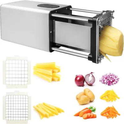Small Commercial Electric Vegetable French Fry Cutter Auto Push Stainless Steel Heavy Duty Interchangeable Blades Kitchen Food