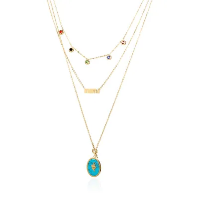 Fashion Style Delicate Girl Multi Layered Stainless Steel Crystal Charm Gold Plated Initial Necklace