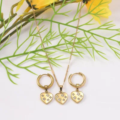 Stainless Steel Necklace and Earrings Set - Heart-shaped Polished Surface Stainless Steel - Wholesale