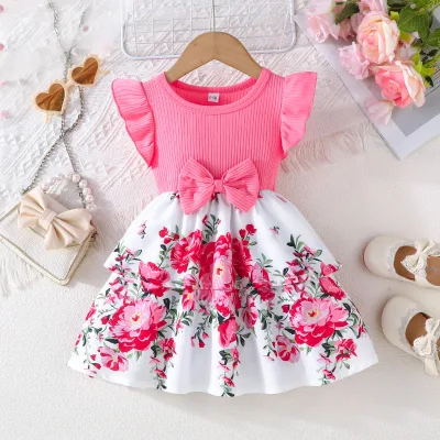 Summer European American Cute Flying Sleeve Flower Print Dress for Baby Girls Casual Floral Pattern Children