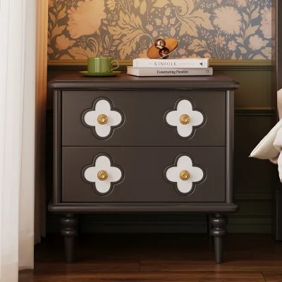 French Retro Solid Wood Nightstand Small Storage Black Mid Century Modern Low Cabinet for Home Bedroom Bedside