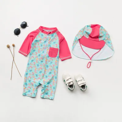 IBaifei Custom Long Sleeve Zipper Newborn Baby Swimsuit With Hat Fashion One Piece Swimming Suit Sun Protection Swim Romper