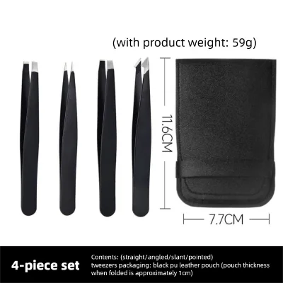 Wholesale 4Pcs Matte Black Eyebrow Tweezers Set Beard Removal Portable Beauty Tweezer Kit Tweezers Scissors PU Leather Bag