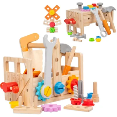Wooden Tool Play Set 29pcs Montessori Wood Screw Nut Assembly Construction Toy Toddler Repair Tool Workbench With Wood Toolbox