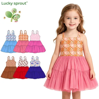 Girls' Mushroom Print Tiered Dress Sleeveless Color Mesh Yoga Dress Spaghetti Strap Casual Sundress for Kids