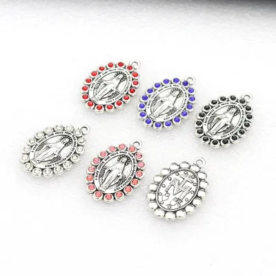 Miraculous Medal Pendant Charm with Rhinestone Border, Catholic Virgin Mary Enamel Pendant for Necklace Jewelry Making