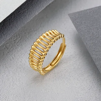 New Simple Hollow Out Bone Pattern Titanium Steel 14K Gold Plated Ring Retro Adjustable Gold Filled Dainty Personality Ring