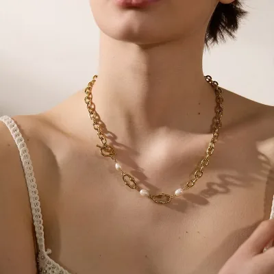 Latest Jewellery 2025 Natural Fresh Water Pearls Necklace Gold Plated Stainless Steel Beaded Necklaces for Women ALN25121077