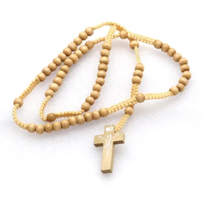 Wooden Corded Rosary with Crucifix, Catholic Prayer Beads Necklace, Natural Wood Knotted Rosary for Baptism Church Gift