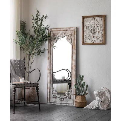 Handmade European Carve Accent Wall Mirror Rustic Home Decor Rectangle Floor Full Length Wood Mirror