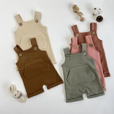 New Baby Organic Cotton Overall Kids Short Pocket Suspender Trouser Baby Bib Pants